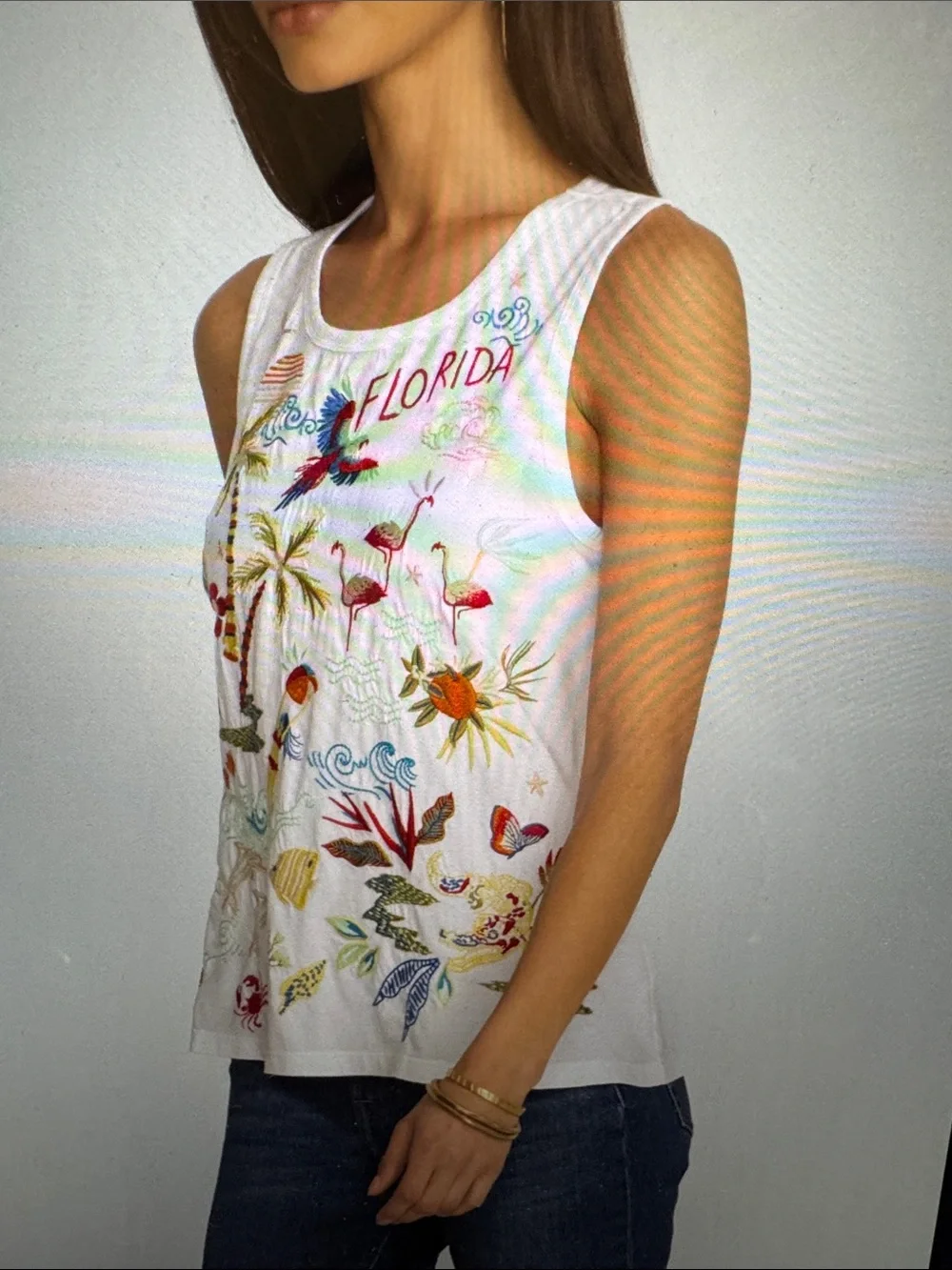 Johnny Was White Tropical 'Florida' Embroidered Sleeveless Tank - Picture 2 of 3